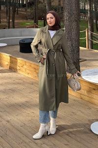 Lamelif Apoletli Klasik Kuşaklı Trençkot Haki