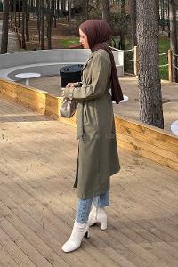 Lamelif Apoletli Klasik Kuşaklı Trençkot Haki