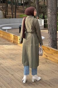 Lamelif Apoletli Klasik Kuşaklı Trençkot Haki