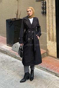 Lamelif Apoletli Klasik Kuşaklı Trençkot Siyah