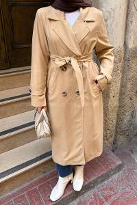 Lamelif Apoletli Klasik Kuşaklı Trençkot Sütlü Kahve