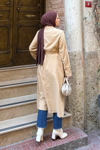 Lamelif Apoletli Klasik Kuşaklı Trençkot Sütlü Kahve