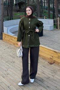 Lamelif Bel Lastikli Bağlama Detaylı Ceket Haki