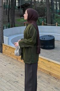 Lamelif Bel Lastikli Bağlama Detaylı Ceket Haki