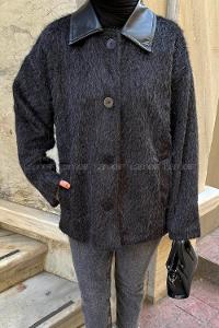 Lamelif Deri Yaka Mont Siyah