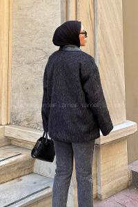 Lamelif Deri Yaka Mont Siyah