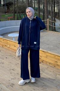 Lamelif Fermuarlı Kapüşonlu Oysho Takım Lacivert