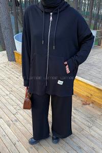 Black Hood Neck Long Arm Cotton Regular Trousers Comfortable Suit