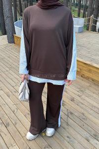 Bitter Brown Crew Neck Long Arm Modal Viscose Regular Trousers Comfortable Suit