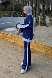 Navy Blue Crew Neck Long Arm Modal Viscose Regular Trousers Comfortable Suit