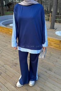 Navy Blue Crew Neck Long Arm Modal Viscose Regular Trousers Comfortable Suit