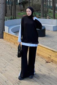 Black Crew Neck Long Arm Modal Viscose Regular Trousers Comfortable Suit