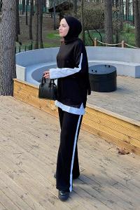 Black Crew Neck Long Arm Modal Viscose Regular Trousers Comfortable Suit