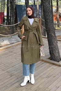 Lamelif Klasik Kuşaklı Trenç Koyu Yeşil