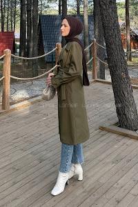 Lamelif Klasik Kuşaklı Trenç Koyu Yeşil