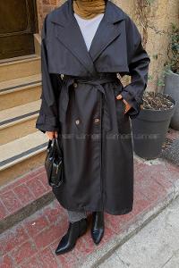 Lamelif Kruvaze Oversize Trenç Siyah