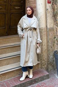 Lamelif Kruvaze Oversize Trenç Taş Rengi