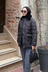 Lamelif Kürk Yaka Şişme Mont Siyah