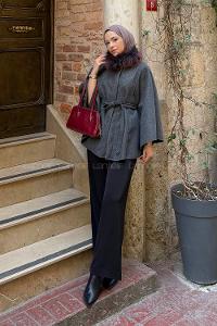 Lamelif Kürk Yakalı Panço Antrasit