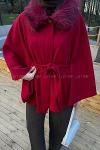 Lamelif Kürk Yakalı Panço Bordo