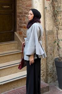 Lamelif Kürk Yakalı Panço Gri