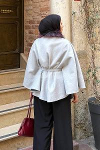 Lamelif Kürk Yakalı Panço Gri