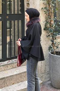 Lamelif Kürk Yakalı Panço Siyah