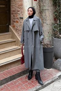 Lamelif Uzun Apoletli Trenç Füme