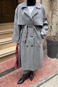 Lamelif Uzun Apoletli Trenç Füme