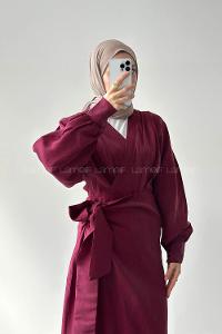 Lamelif Bağlama Detaylı Tesettür Elbise Bordo