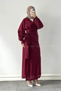 Lamelif Bağlama Detaylı Tesettür Elbise Bordo
