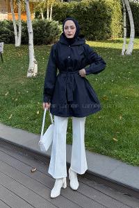 Navy Blue Hood Neck Long Arm Raincoat