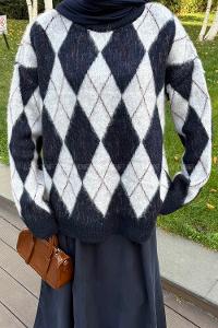 Lamelif Baklava Desen Triko Kazak Gri-Lacivert