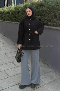 Lamelif Bel Lastikli Bağlama Detaylı Ceket Siyah