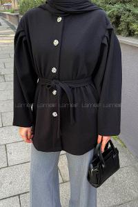 Lamelif Bel Lastikli Bağlama Detaylı Ceket Siyah
