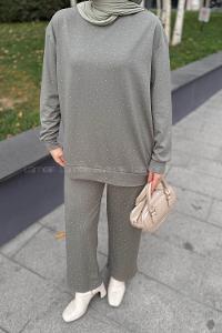 Khaki Crew Neck Long Arm Cotton Regular Trousers Comfortable Suit