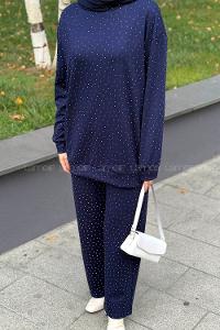 Lamelif Bisiklet Yaka Taş Detaylı Takım Lacivert