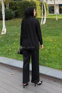 Lamelif Bisiklet Yaka Taş Detaylı Takım Siyah