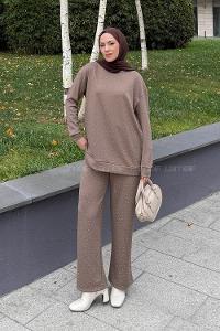 Lamelif Bisiklet Yaka Taş Detaylı Takım Soft Kahve