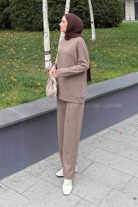 Lamelif Bisiklet Yaka Taş Detaylı Takım Soft Kahve