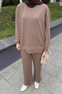 Lamelif Bisiklet Yaka Taş Detaylı Takım Soft Kahve