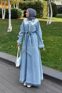 Lamelif Dantel Yaka Kot Elbise Buz Mavisi