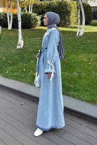 Lamelif Dantel Yaka Kot Elbise Buz Mavisi