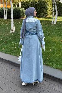 Lamelif Dantel Yaka Kot Elbise Buz Mavisi