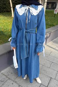 Lamelif Dantel Yaka Kot Elbise Kot Mavisi