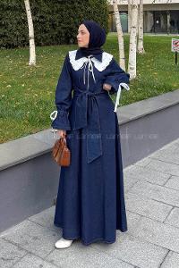 Lamelif Dantel Yaka Kot Elbise Koyu Mavi