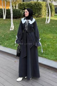 Lamelif Dantel Yaka Kot Elbise Siyah