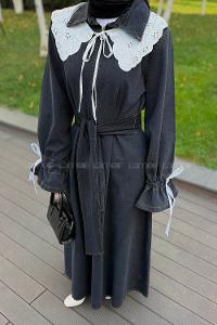 Lamelif Dantel Yaka Kot Elbise Siyah