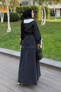 Lamelif Dantel Yaka Kot Elbise Siyah