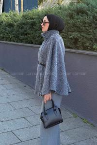 Lamelif Düğmeli Kemerli Panço Gri